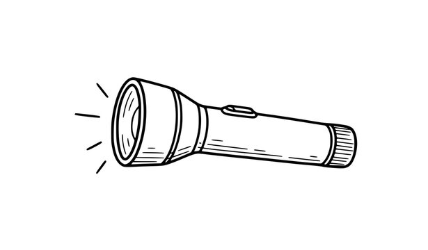 Hand drawn flashlight doodle icon with light rays camping outdoor vector illustration