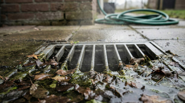 Clogged storm drain with wet leaves and green debris on a paved surface