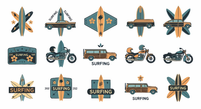 Surfboard and Vehicle Icons for Beach Lifestyle and Travel.
