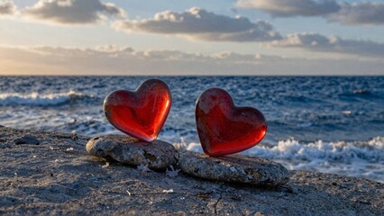 Fototapeta premium Red glass hearts on rocks by ocean shore
