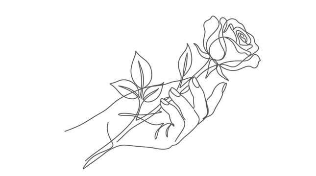 A minimalist line drawing of a delicate rose held in a gentle hand, symbolizing love and beauty in an elegant design ceasefire 