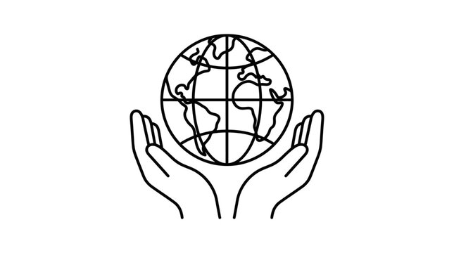 Outline illustration of hands cradling a stylized globe, symbolizing global protection, environmental care, sustainability, and human responsibility for the planet's well-being ceasefire 