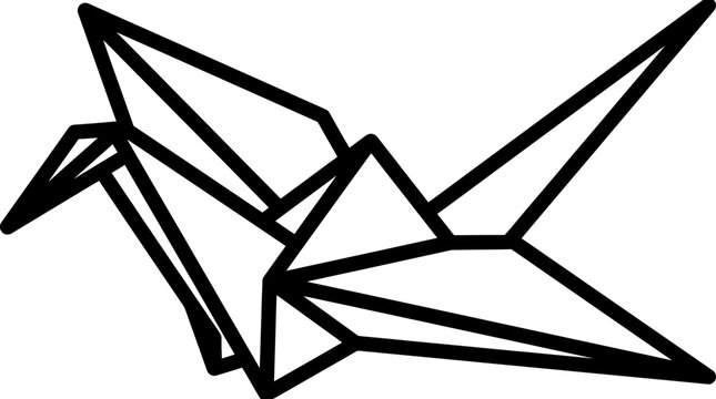 Simple yet elegant black and white outline of a geometric origami crane, representing peace and hope ceasefire 