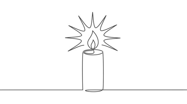 Abstract continuous line art of a glowing candle flame, radiating bright light, symbolizing inner peace, warmth, and hope in a minimalist graphic design ceasefire 