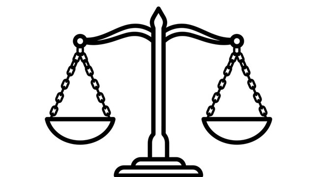 A simple black and white outline illustration of a balanced scale of justice, symbolizing law and fairness ceasefire 