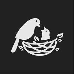 Minimalist Stylized Parent Bird Feeding Baby Chick in Nest Vector Illustration © Alpha Vector