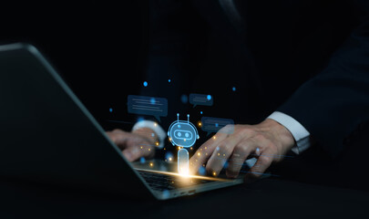 Obraz na płótnie Canvas Conversation Smart Robot Technology development generates AI. artificial intelligence chatbot. Assistant AI chat, tech communication. bot agent concept, business support service, data prompt