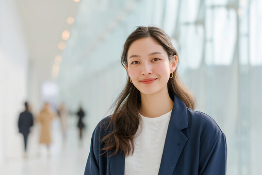 日本人, 女性, 20代, ビジネスウーマン, オフィス, キャリアウーマン, 新入社員, 若手社員, ビジネス, 会社員, 採用, 求人, 転職, 笑顔, 自信, 信頼感, ポートレート, ジャケット, ネイビー, ガラス張り, モダン, 廊下, 明るい, 自然光, 爽やか, 清潔感, 働く女性, キャリア, 活気, シルエット, 背景, 企業, コピースペース, 広告素材, 黒髪, ロングヘア