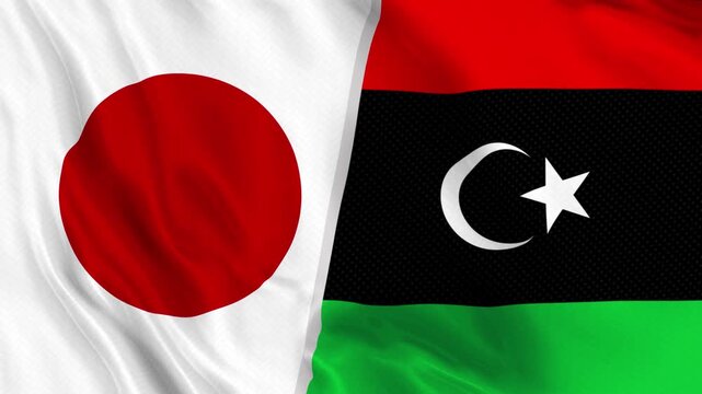 Japan and Libya Flag Waving Animation Seamless Loop