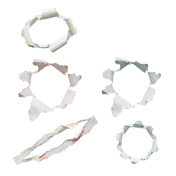 Collection of irregularly torn paper pieces featuring various circular and oblong hole cut-outs.