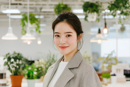 日本人, 女性, 20代, 働く女性, オフィス, 観葉植物, ウェルビーイング, ライフスタイル, 笑顔, ビジネス, コワーキングスペース, クリエイティブ, リラックス, テレワーク, 採用, 求人, 働き方, IT企業, カフェ, サステナブル, ポートレート, グリーン, ボタニカル, 黒髪, まとめ髪, 黒服, 清潔感, 爽やか, 温かみ, 親しみやすい, 自然, エコ,