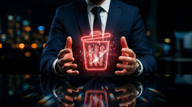 Executive demonstrating secure digital data deletion for enhanced cyber security and privacy management.