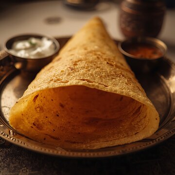 side view, isometric angle , crispy dosa with two bowl of sambar and coconut chutney in a plate , isolated wooden background
