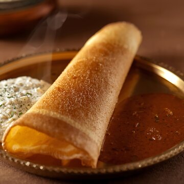 side view, isometric angle , crispy dosa with two bowl of sambar and coconut chutney in a plate , isolated wooden background
