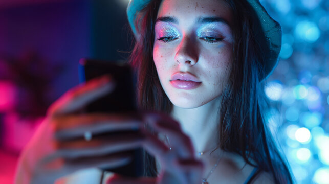 Young Woman Enjoying Nightlife: Stylish Millennial Embraces Smartphone in Urban Lifestyle Setting