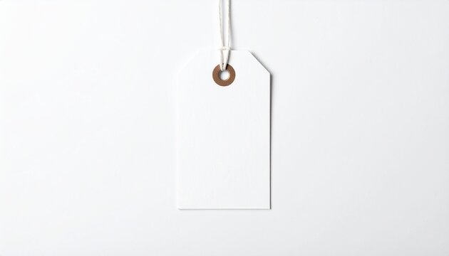 A white tag hangs from a string with a metal ring on a plain background.