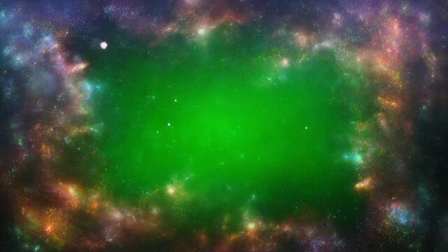 Galaxy Nebula Border Shifting Colors Around Greenscreen Frame with Soft Swirling Particles