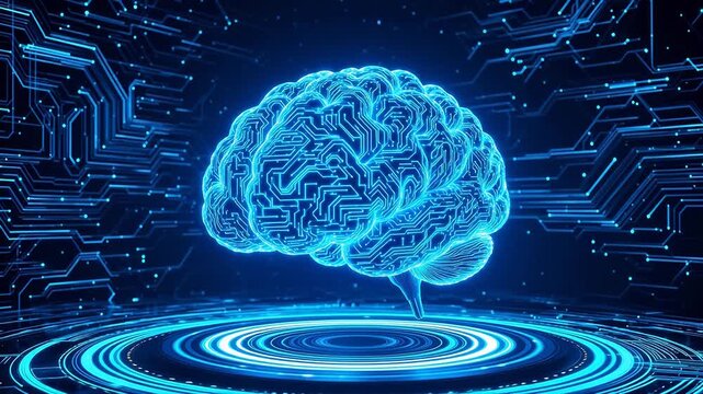 Blue glowing brain with circuit patterns for Digital Transformation and Cyber Infrastructure