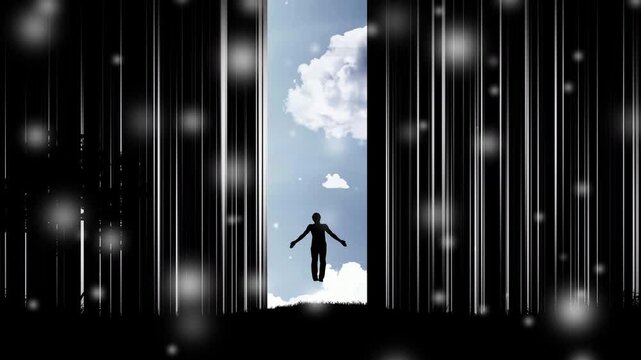 A silhouette of a man flying into an opening digital wall, revealing an alternate reality with portals in the blue sky. The idea of escaping the matrix, freedom of choice, meditation. 4K 3D animation.