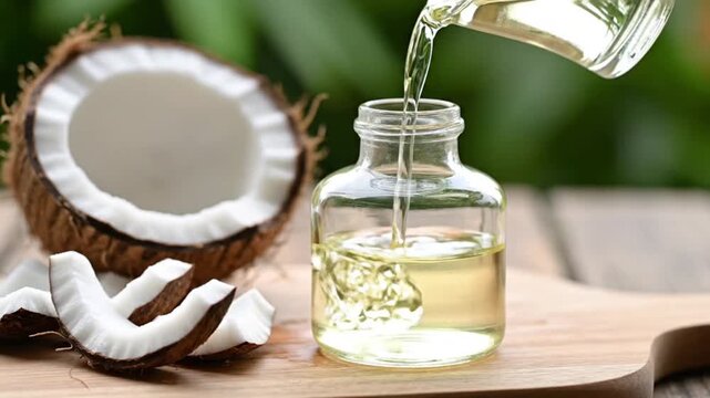 Pure organic virgin coconut oil is being poured into a small glass bottle placed on a wooden board alongside fresh coconut halves and pieces.