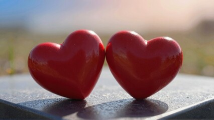 Fototapeta premium Two glossy red hearts side by side