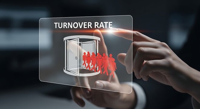 Turnover Rate Concept Illustrated with Revolving Door and People Figures.