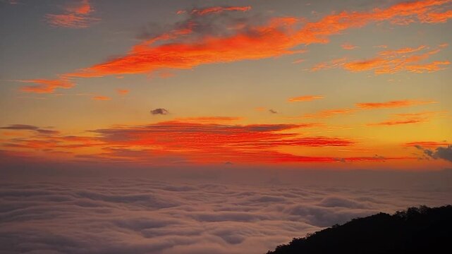 Dramatic view of thick, rolling white clouds moving like ocean waves over mountain ridges. High-altitude landscape featuring the unique textures of mist and atmospheric weather.
