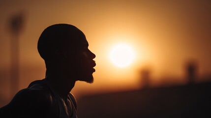 Fototapeta premium marathon. Silhouette of a runner against a sunrise with golden rim lighting and a blurred track. event key visuals, club posters, designed for sports event promotions and stadium branding.