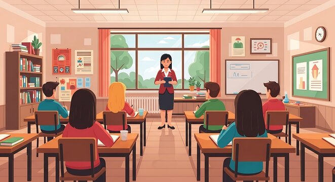 Illustration shows a classroom scene with teacher, students, desks, windows, and educational items