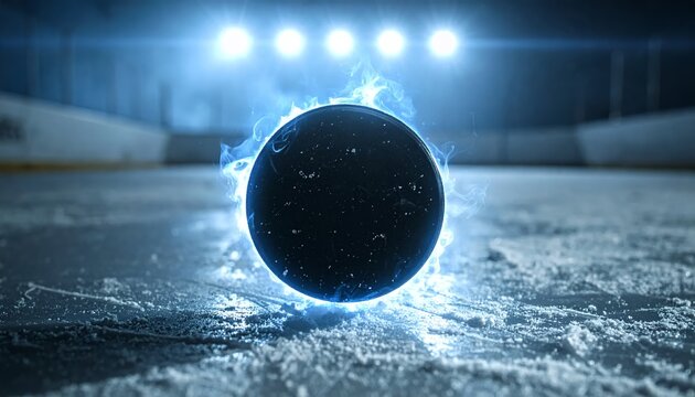 Dynamic Ice Hockey Puck with Glowing Blue Energy on Rink.