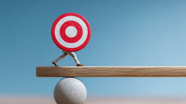 A person carrying a large target walks carefully on a wooden plank balanced on a round stone against a clear blue sky.