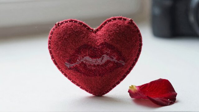 Red felt heart with stitched smile and flower petal