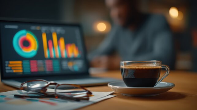 A cup of coffee on a desk with glasses, papers, and a laptop displaying colorful charts in a cozy, dimly lit workspace.