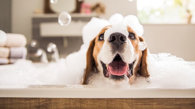 soap. A playful dog enjoying a bubble bath in a bathroom setting with a joyful atmosphere. wildlife magazines, conservation campaigns, designed for nature documentaries and education.