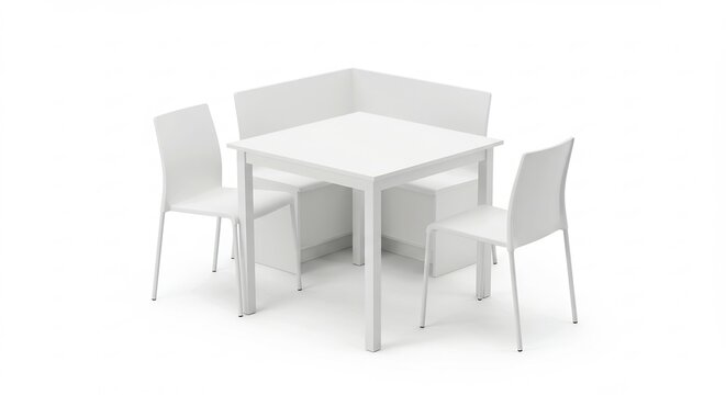 明るいスタジオの光が優しく照らす純白のダイニング家具セットモダンで洗練されたテーブルL字型ベンチと二脚の椅子が清潔感とミニマルな美しさを現代的な空間に演出する. AI Generated