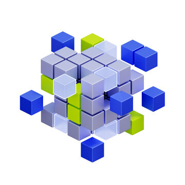 3D illustration of glass cube with inner blocks for microservices architecture, software modularity, system integration, data structure, and application building.
