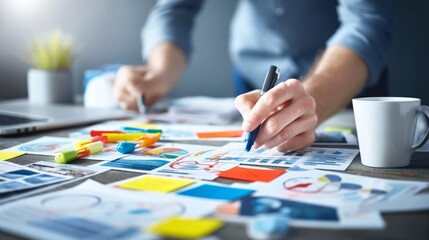 Fototapeta premium Hands Engaged in Market Research Analysis with Charts and Tools