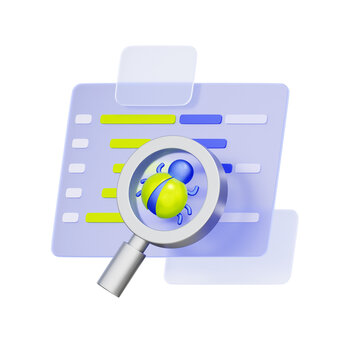 3D illustration of code interface with magnifying glass and bug for bug tracking, software testing, code inspection, vulnerability scanning, and error fixing.