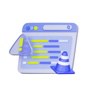 3D illustration of browser window with warning triangle and traffic cone for website maintenance, error 404, system downtime, frontend debugging, and site repair.