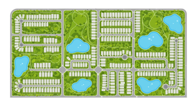 Top Down View of a Suburban Master Plan with Residential Housing, Green Parks, and Ponds