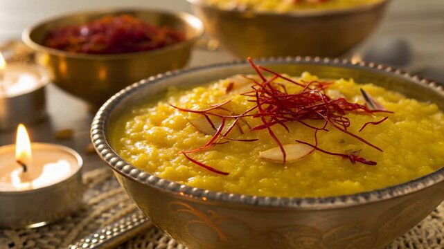 Indian temple food traditional yellow dessert garnished with saffron almond slices served in brass bowl near glowing candles warm ambiance