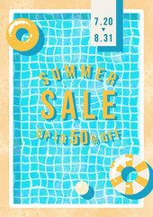 プールの水面と浮き輪のイラスト、サマーセールのポスターテンプレート。最大50%OFFの文字入り。 Poster template for Summer Sale with swimming pool ripples and float rings. Text "UP TO 50% OFF" included. © eri