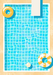 プールの水面と浮き輪のイラスト、文字スペースのあるサマーセール用ポスター背景テンプレート。 Poster background template for summer sale with swimming pool ripples and float rings. © eri