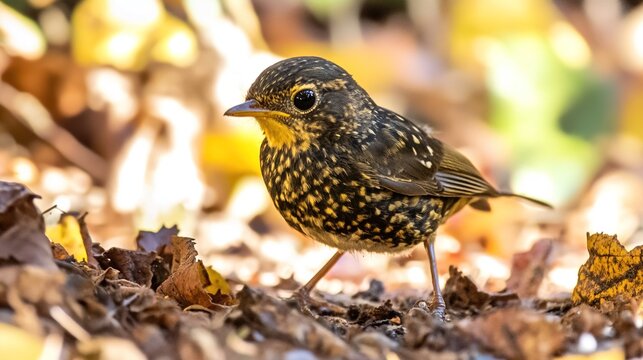 fledgling. A fledgling bird with ruffled feathers on the ground near its nest. wildlife magazines, conservation campaigns, designed for eco-tourism storytelling, used by event planners.