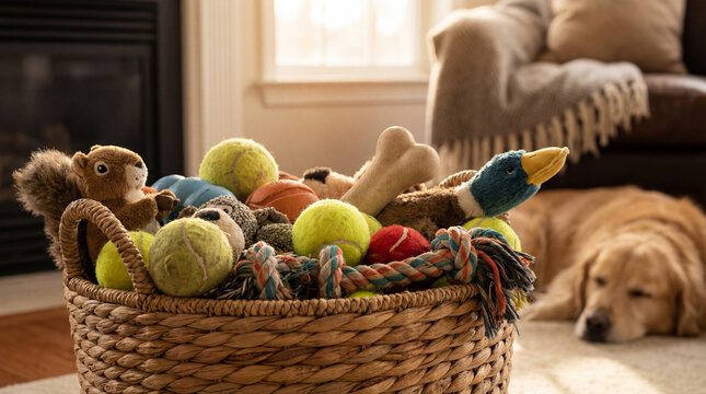 National Pet Day dog toys basket collection balls ropes plush organized playful fun warmth editorial magazine cover website content banner
