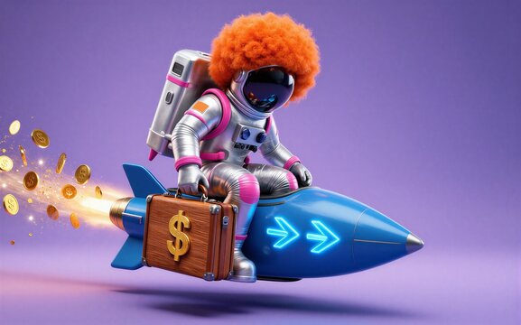 Astronaut with afro rides rocket carrying money soaring through