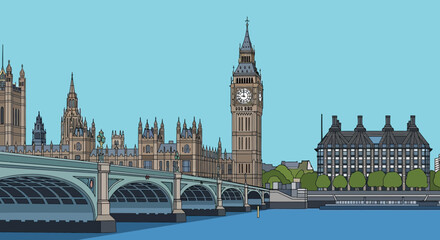 Fototapeta premium London Skyline Big Ben Westminster Bridge Thames River Flat Design Illustration