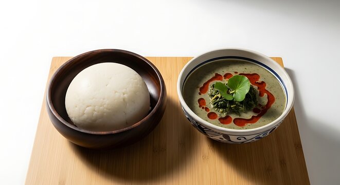 Fufu with Eru, traditional dish from Southwest Cameroon, smooth white fufu mound in round dark wooden bowl, creamy dark green Eru soup in separate handcrafted ceramic bowl with visible eru and waterle