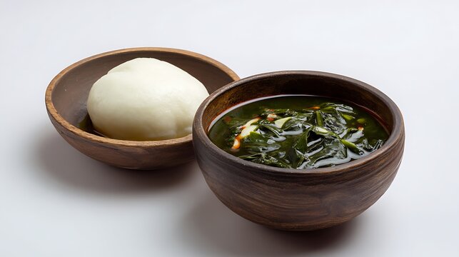 Fufu with Eru, traditional dish from Southwest Cameroon, smooth white fufu mound in round dark wooden bowl, creamy dark green Eru soup in separate handcrafted ceramic bowl with visible eru and waterle