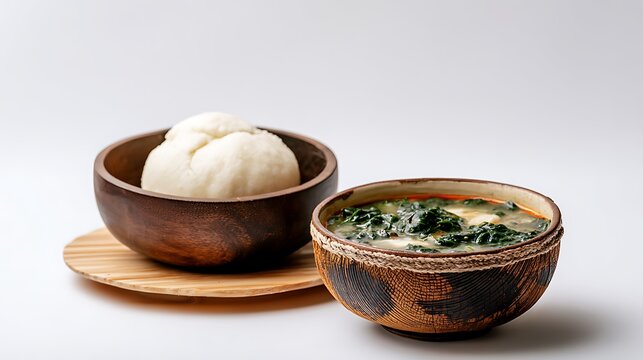 Fufu with Eru, traditional dish from Southwest Cameroon, smooth white fufu mound in round dark wooden bowl, creamy dark green Eru soup in separate handcrafted ceramic bowl with visible eru and waterle